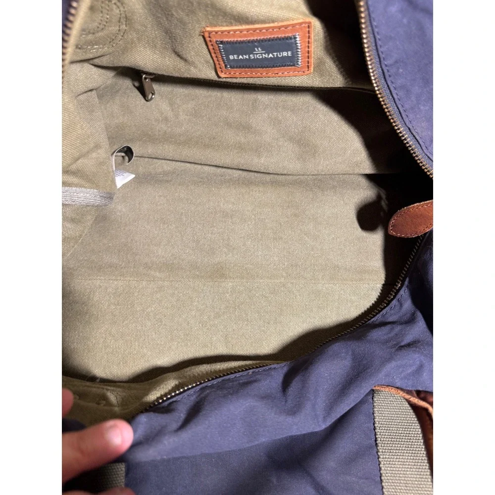 LL Bean Signature Waxed Canvas Duffle Bag Navy Blue Leather trim 22
